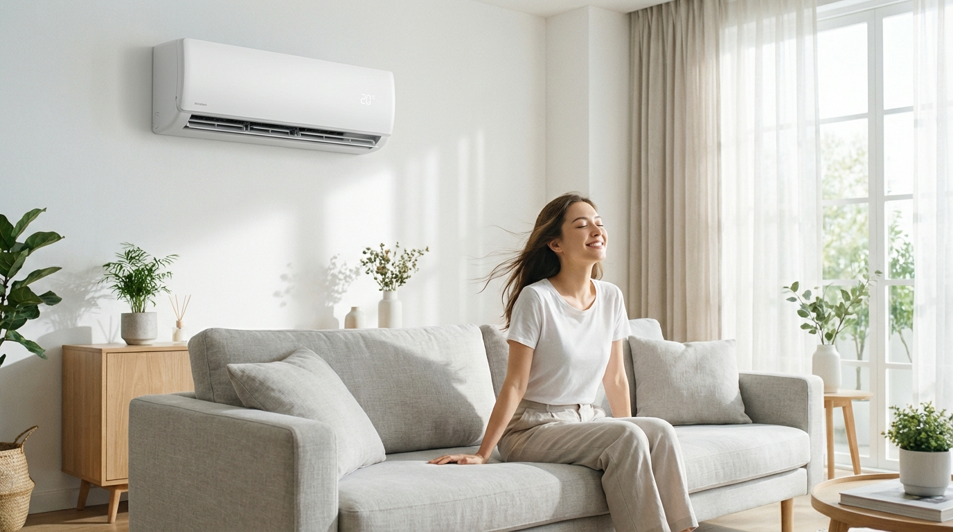 깨끗한 에어컨이 있는 쾌적한 거실에서 편안히 앉아있는 여성