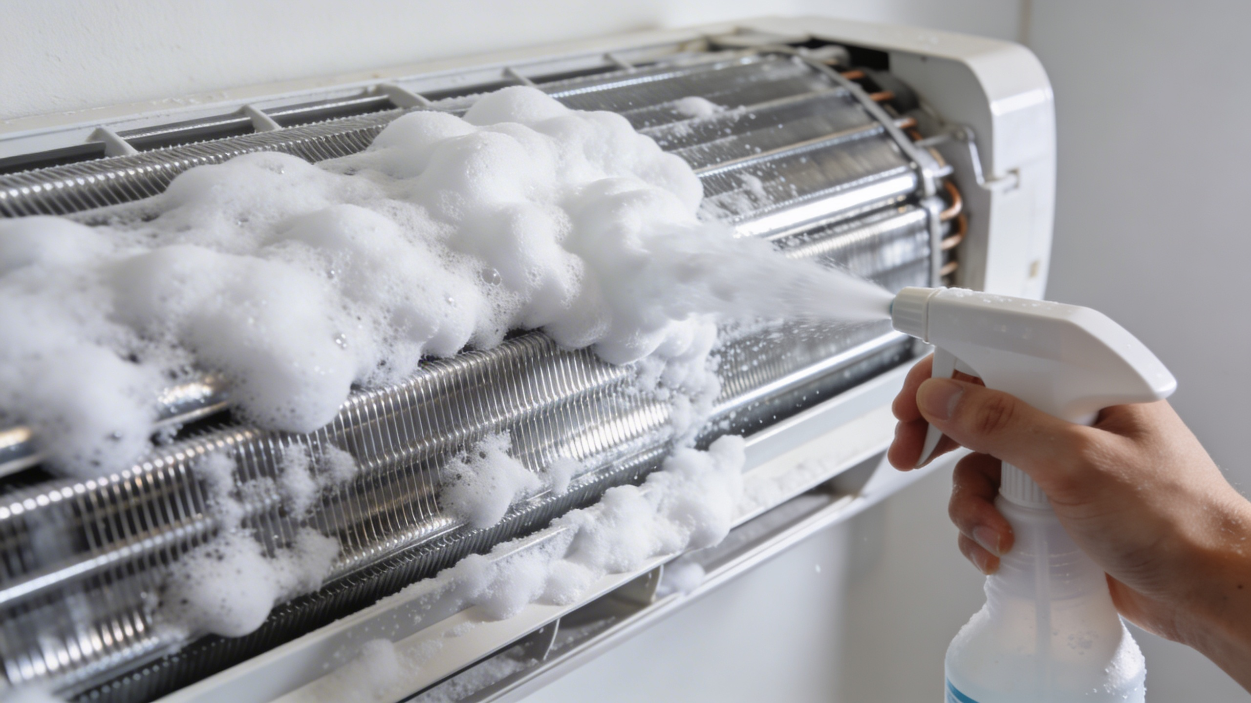 에어컨 증발기에 세정제를 분사하는 모습