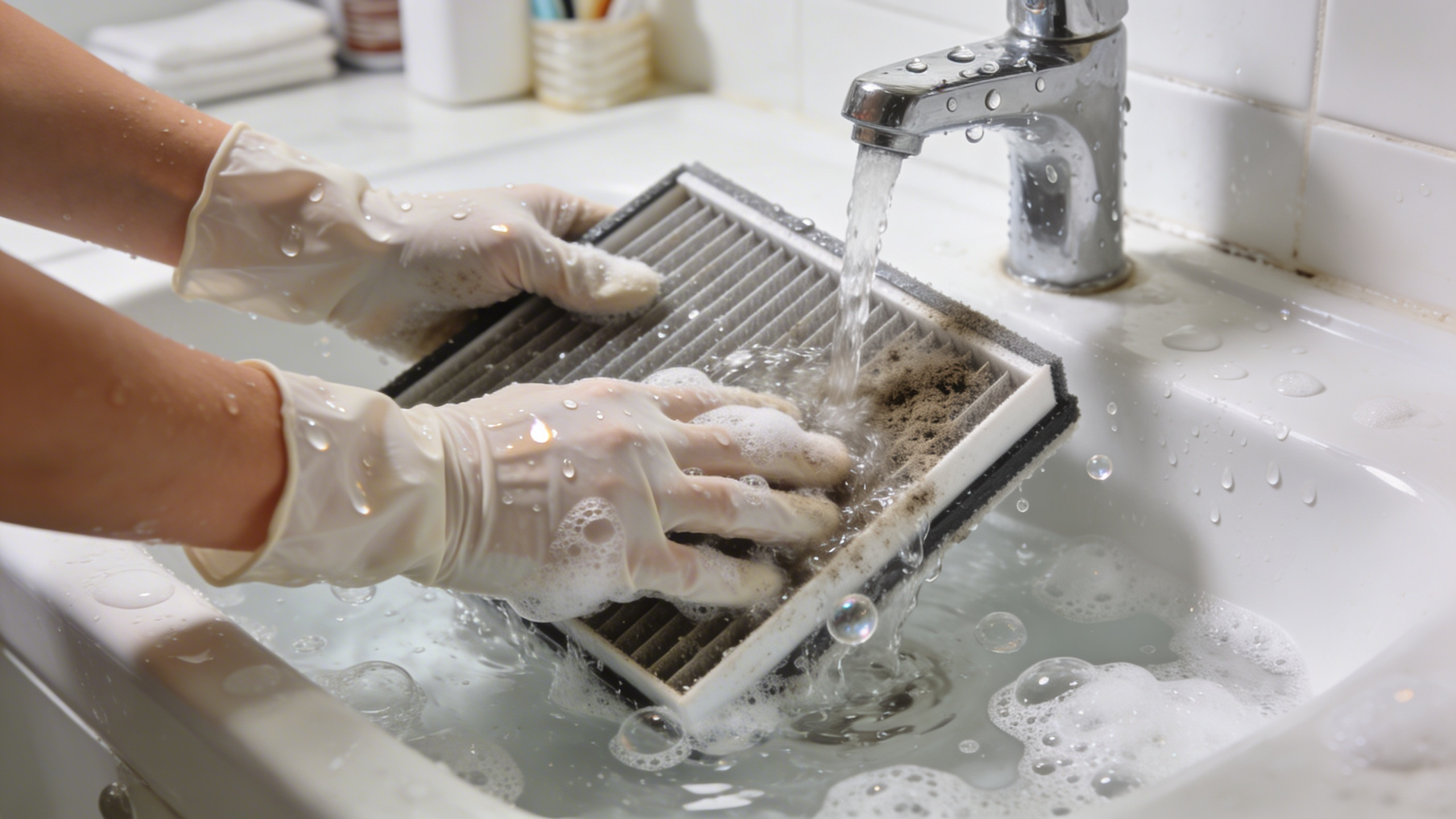 에어컨 필터를 물로 세척하는 모습