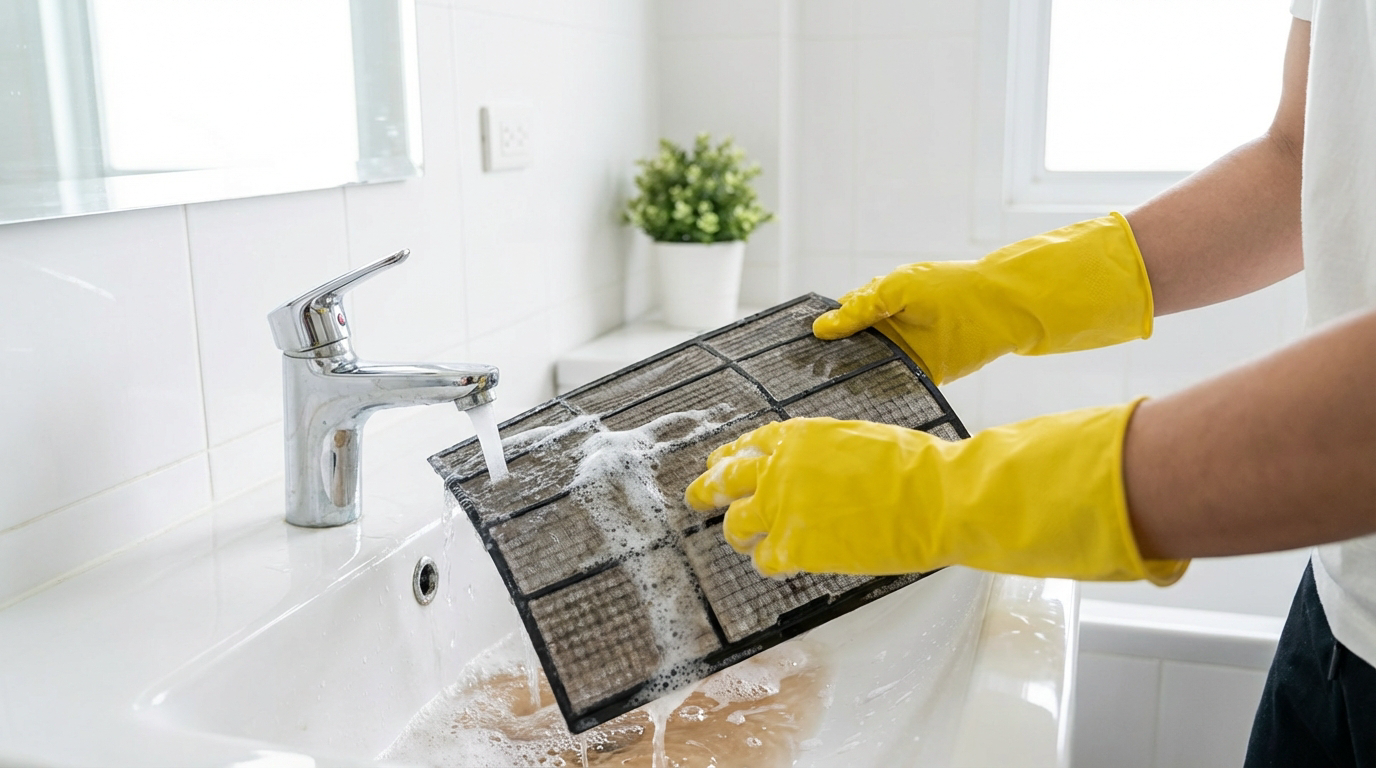 노란 고무장갑을 끼고 싱크대에서 에어컨 필터를 세척하는 모습