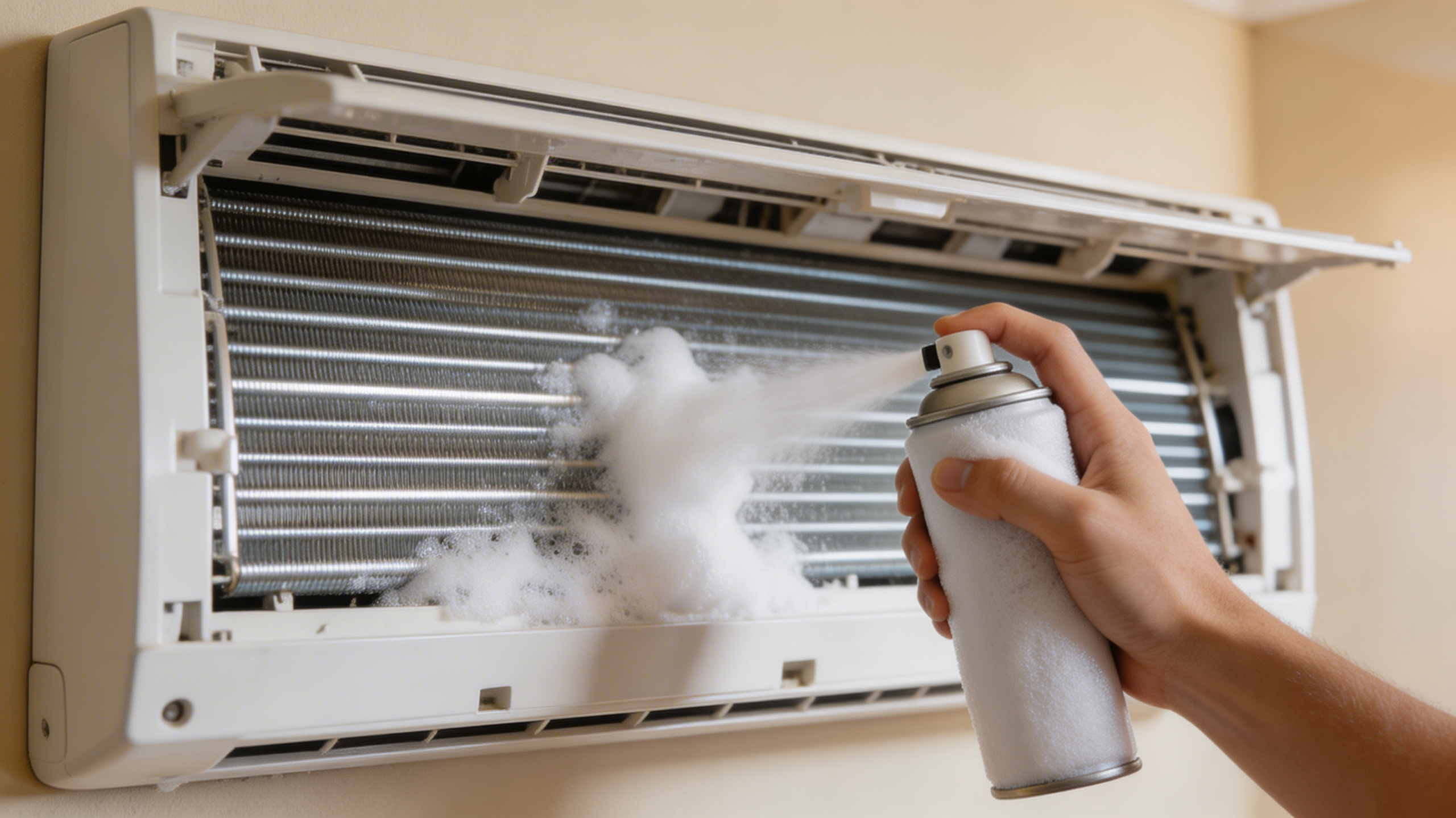 에어컨 세정 스프레이로 청소하는 모습