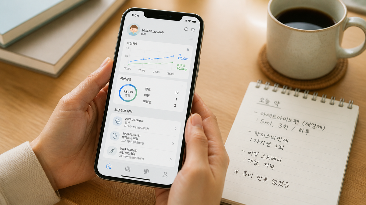 자녀 진료내역 — 자녀 진료 정보 모바일 앱 화면 — 5년 진료내역과 처방조제 기록 표시