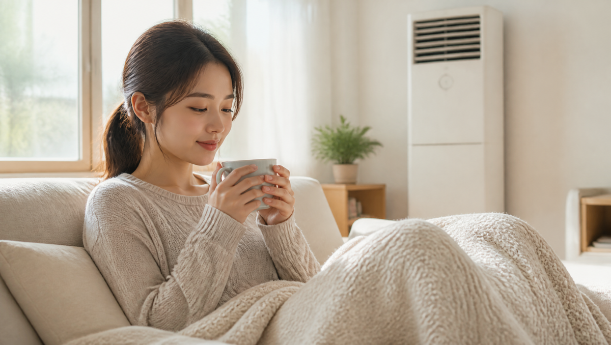 냉방병 대처법 따뜻한 차와 담요로 몸을 데우는 모습