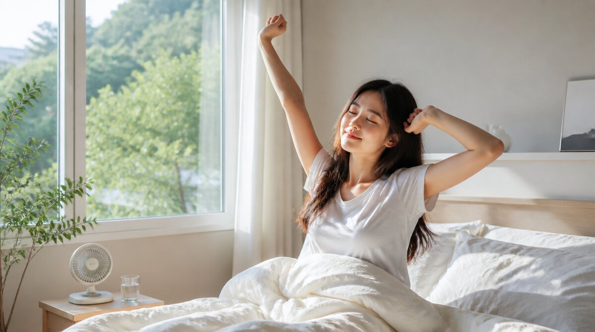열대야 에어컨 켜고 숙면한 다음 날 아침 상쾌하게 일어난 모습